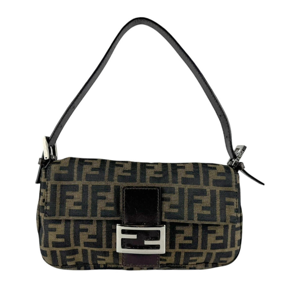 Fendi Zucca Baguette Shoulder Bag Canvas Brown Silver